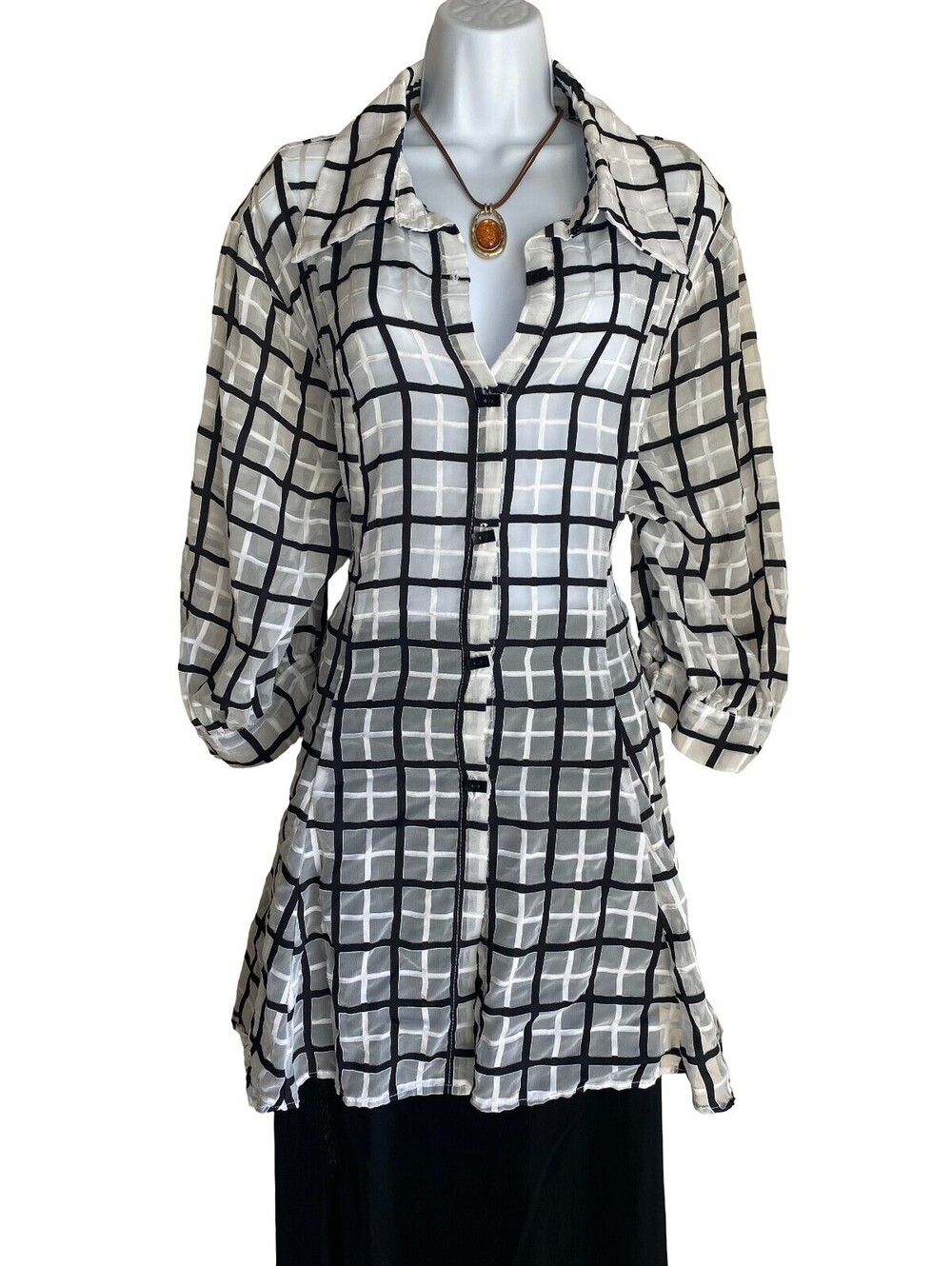 90's VTG Come N See Plus 3X Black White Windowpane Tunic Blouse Button Up Artsy